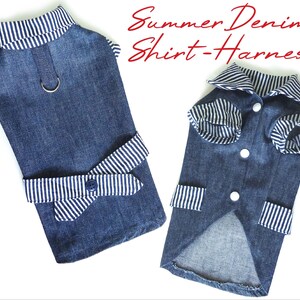 May include: Two denim dog harnesses with white striped trim. The harness on the left has a button closure and a ring for a leash. The harness on the right has a button closure and a collar.