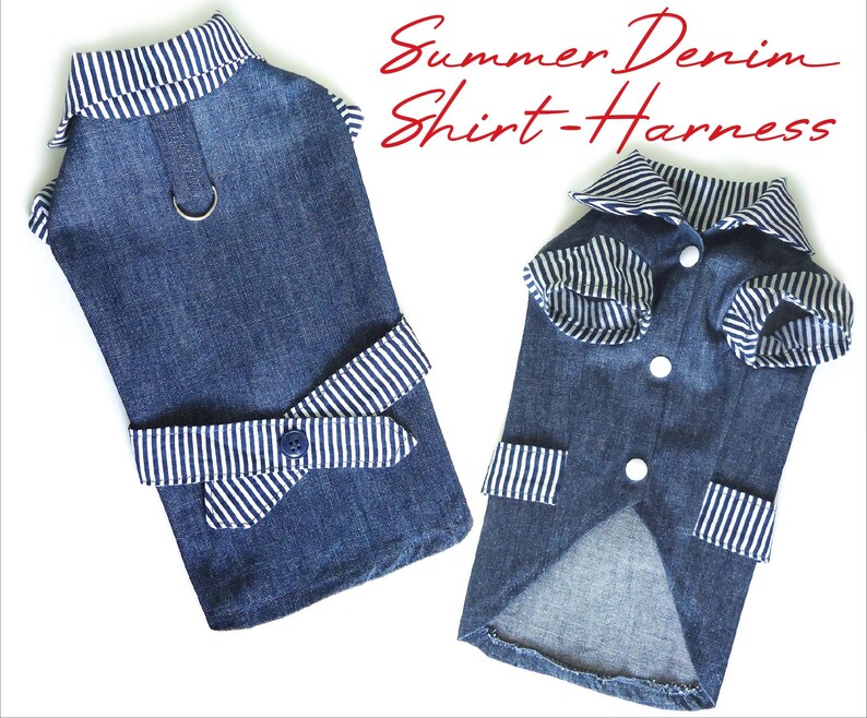 May include: Two denim dog harnesses with white striped trim. The harness on the left has a button closure and a ring for a leash. The harness on the right has a button closure and a collar.