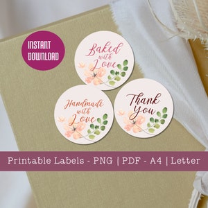 Sofort Download | Druckbar | Blumen Pastelle Geschenkanhänger Etiketten Aufkleber | Danke | Mit Liebe gebacken und hergestellt | Etsy Verkäufer | PDF Letter A4