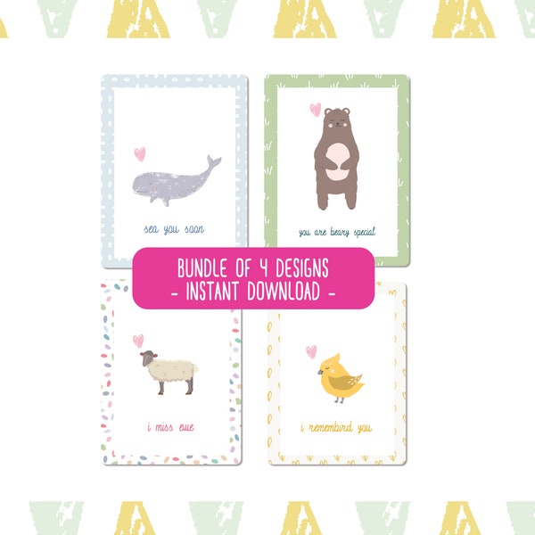 Printable Cards | Bundle Cute Puns Animal Card Greeting Card | Quarter Fold | DIY | Miss You, Remember You, See You Soon, I Remember You