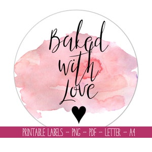 Instant Download | Printable Labels | Baked with Love | Pastry Baking Stickers | Round Pink Pastels | Letter A4 PDF | PNG Graphics