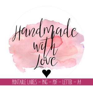 Sofortdownload | Druckbare Etiketten | Handgemacht mit Liebe | Aufkleber für Kleinunternehmen | Runde Anhänger | Buchstabe A4 PDF | PNG-Dateien