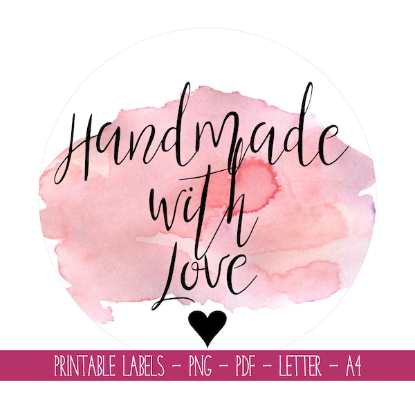 Instant Download | Printable Labels | Hand Made with Love | Etsy Seller Small Business Stickers | Round Tags | Letter A4 PDF | PNG Graphics