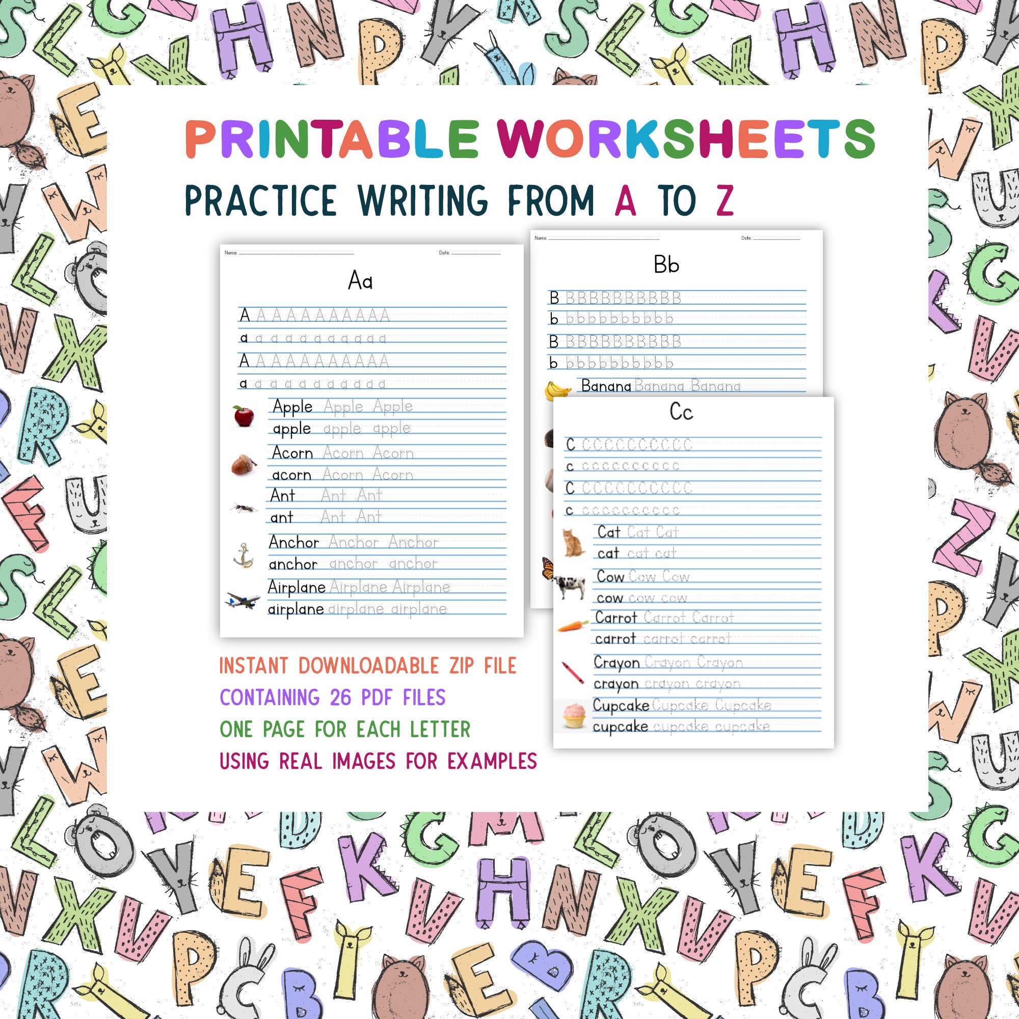 Instant Download | Bundle | Letters A to Z | Printable Worksheets | Practice Writing | Trace the Alphabet | Kids Back to School | Montessori