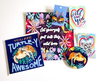 Turtle Valentines Gift Box, Gift for Turtle Lovers, Turtle Letter Box Gift, Turtle Earrings, Coaster and Card