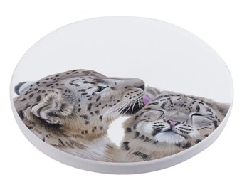 Snow Leopard Coaster, Ceramic Snow Leopard Coaster, Round Snow Leopard Tile