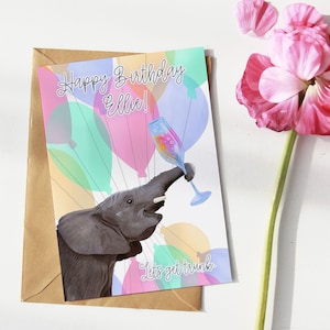 Elefant Geburtstagskarte, personalisierte Geburtstagskarte, benutzerdefinierte Geburtstag, Elefant Grüße, Tierliebhaber Geburtstag, Wildlife Liebhaber