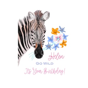 Zebra Geburtstagskarte, personalisierte Geburtstagskarte, personalisierte Geburtstagskarte, ZebraGrüße, Tierliebhaber Geburtstag, Wildtierliebhaber, Safari Tiere