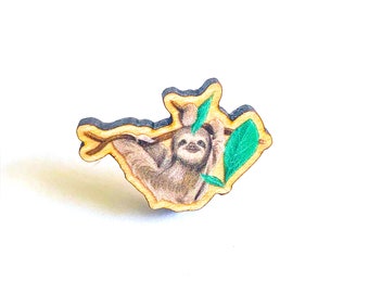 Sloth Wooden Pin // Animal Pin Badge, Gifts for Sloth Lovers, Eco-Friendly Pins, Cute Jungle Brooch