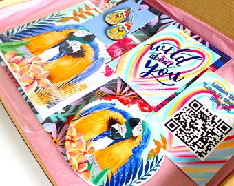 Parrot Valentines Gift Box, Gift for Parrot Lovers, Parrot Letter Box Gift, Parrot Earrings, Coaster and Card