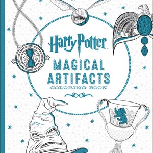 May include: A white coloring book titled "Harry Potter Magical Artifacts" in teal. The cover displays illustrations of a Snitch, Sorting Hat, a cup, and other magical items. The background is white with small blue stars.