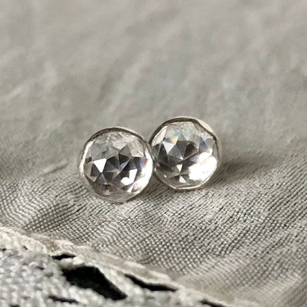 Silver Bezel CZ Studs / 4mm 5mm 6mm Round CZ Studs / Rose Cut CZ Earrings / Tiny Cz Stud Earrings / Flat Back Earrings / Silver Studs