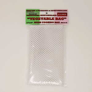 May include: White mesh vegetable cooking bag with a drawstring closure. The bag is packaged in a clear plastic bag with a label that reads "X-Large Vegetable Bag" and "11" x 15" Mesh Cooking Bag".