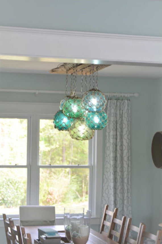Glass Fishing Float Light Fixture, Chandelier With 7 Floats 