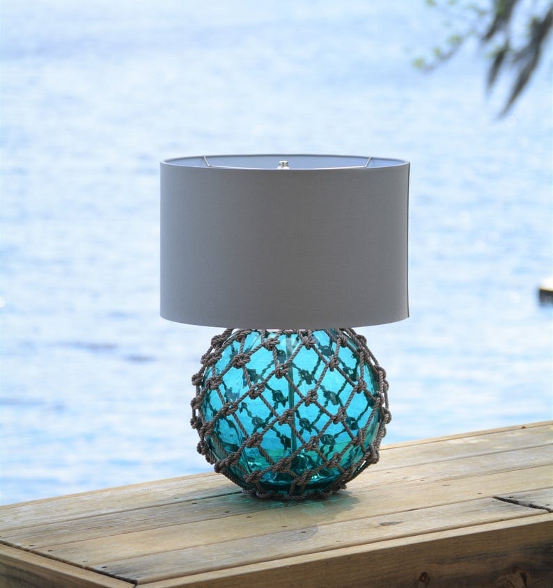 Large Teal Glass Fishing Float Lamp With Gray Linen Lamp Shade 