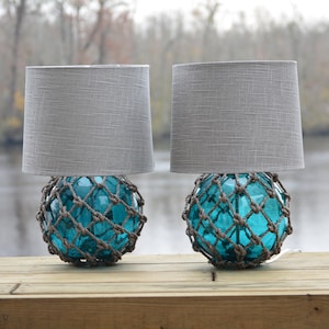 Paar Glasfischer Float Lampen mit Leinen Lampenschirmen Bild 5