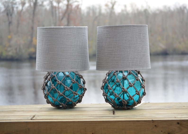 Paar Glasfischer Float Lampen mit Leinen Lampenschirmen Bild 5