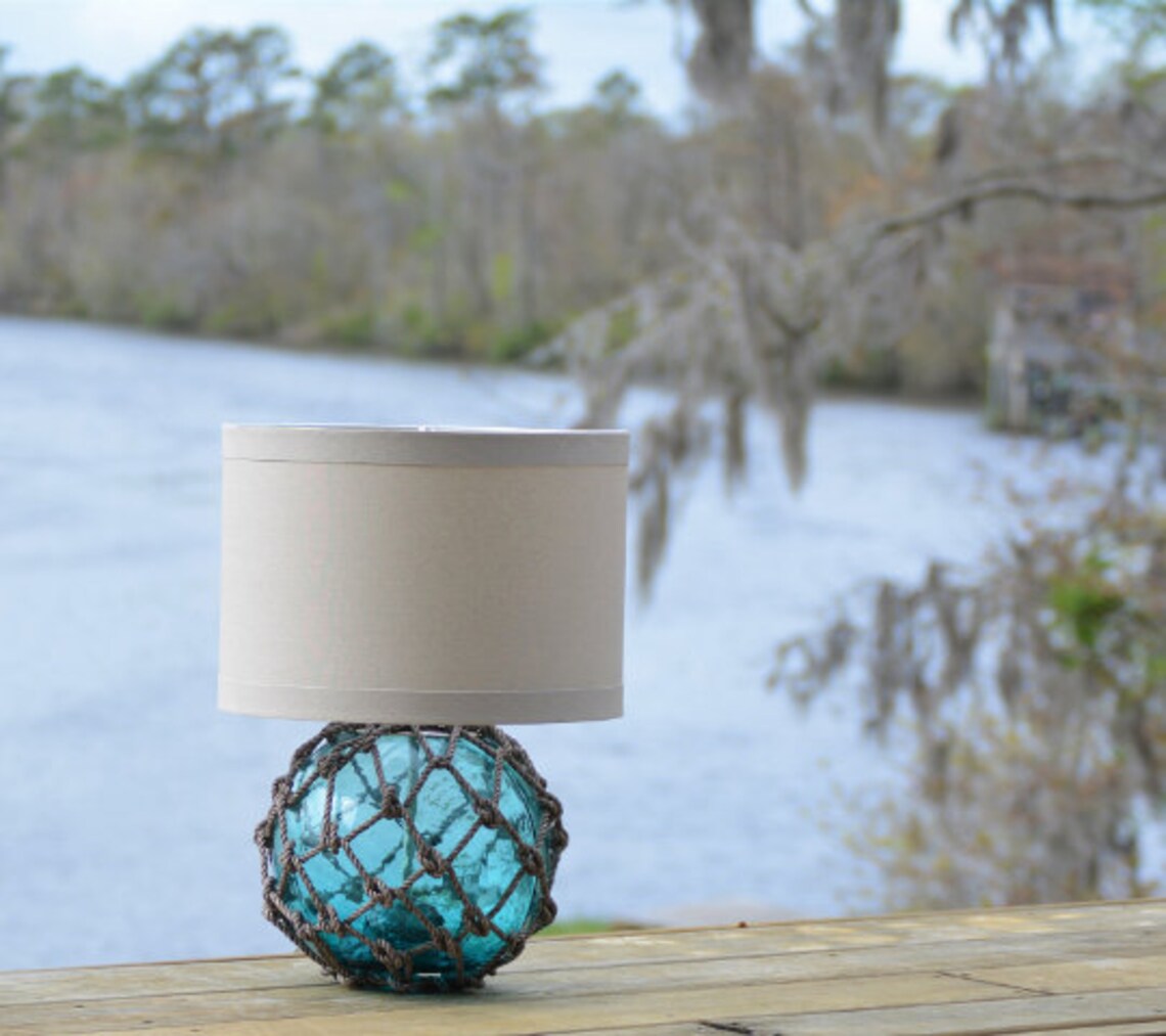 Teal Glass Fishing Float Lamp With Linen Lamp Shade Etsy