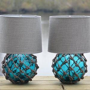 Paar Glasfischer Float Lampen mit Leinen Lampenschirmen Bild 1