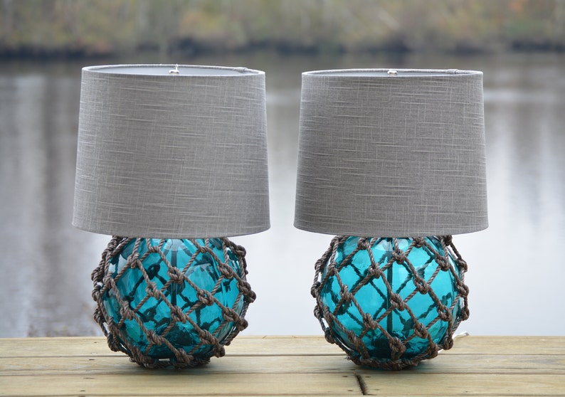 Paar Glasfischer Float Lampen mit Leinen Lampenschirmen Bild 1
