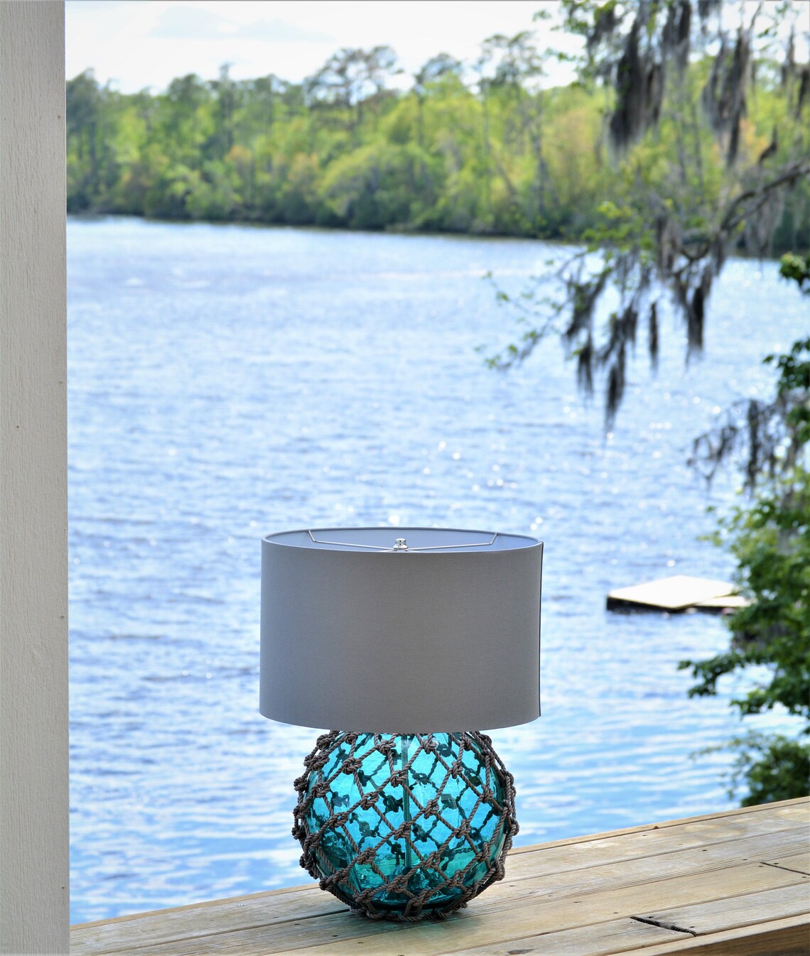 Large Teal Glass Fishing Float Lamp With Gray Linen Lamp Shade Etsy