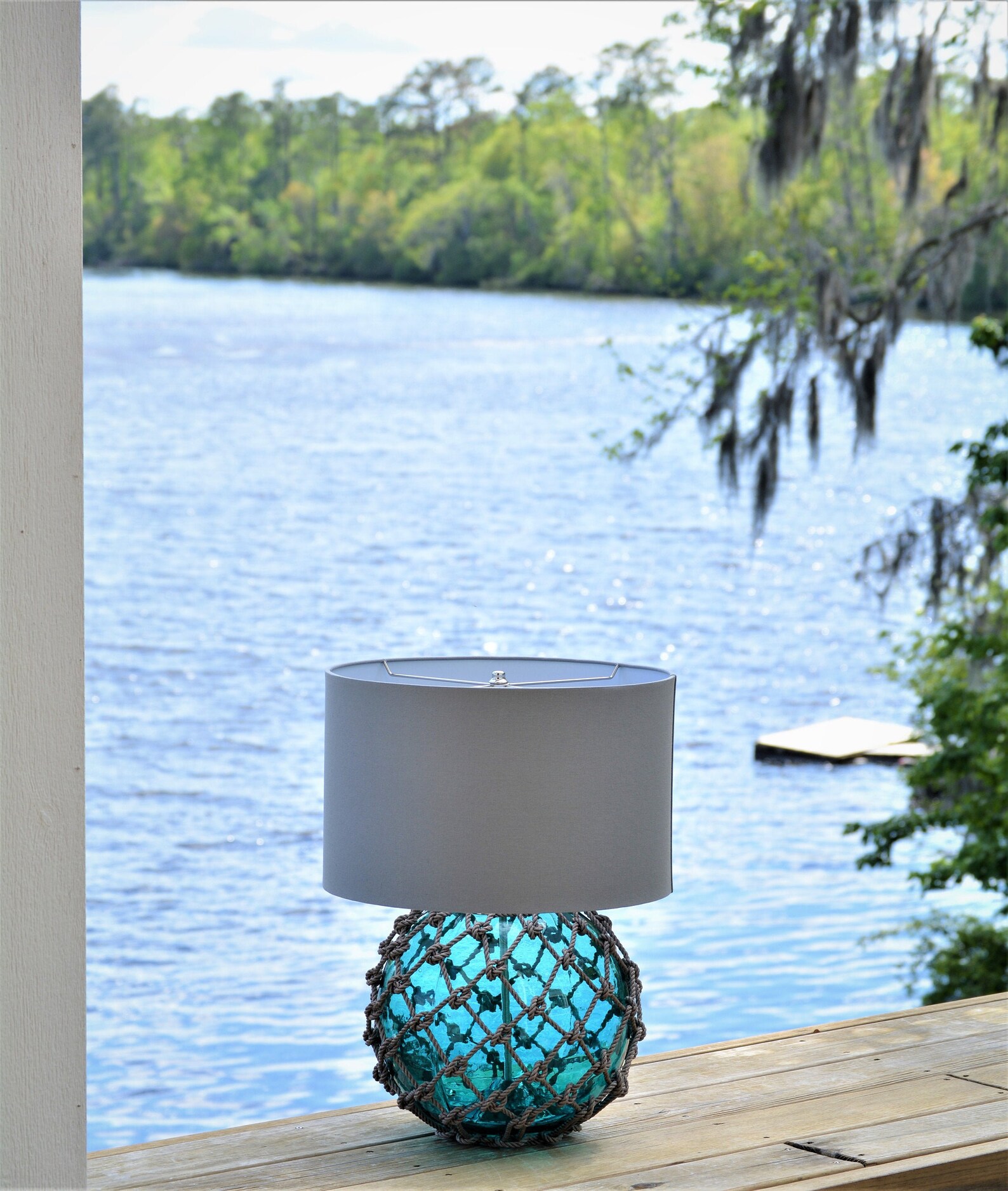 Large Teal Glass Fishing Float Lamp With Gray Linen Lamp Shade - Etsy