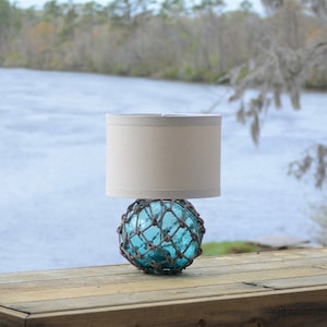 Teal Glass Fishing Float Lamp With Linen Lamp Shade 