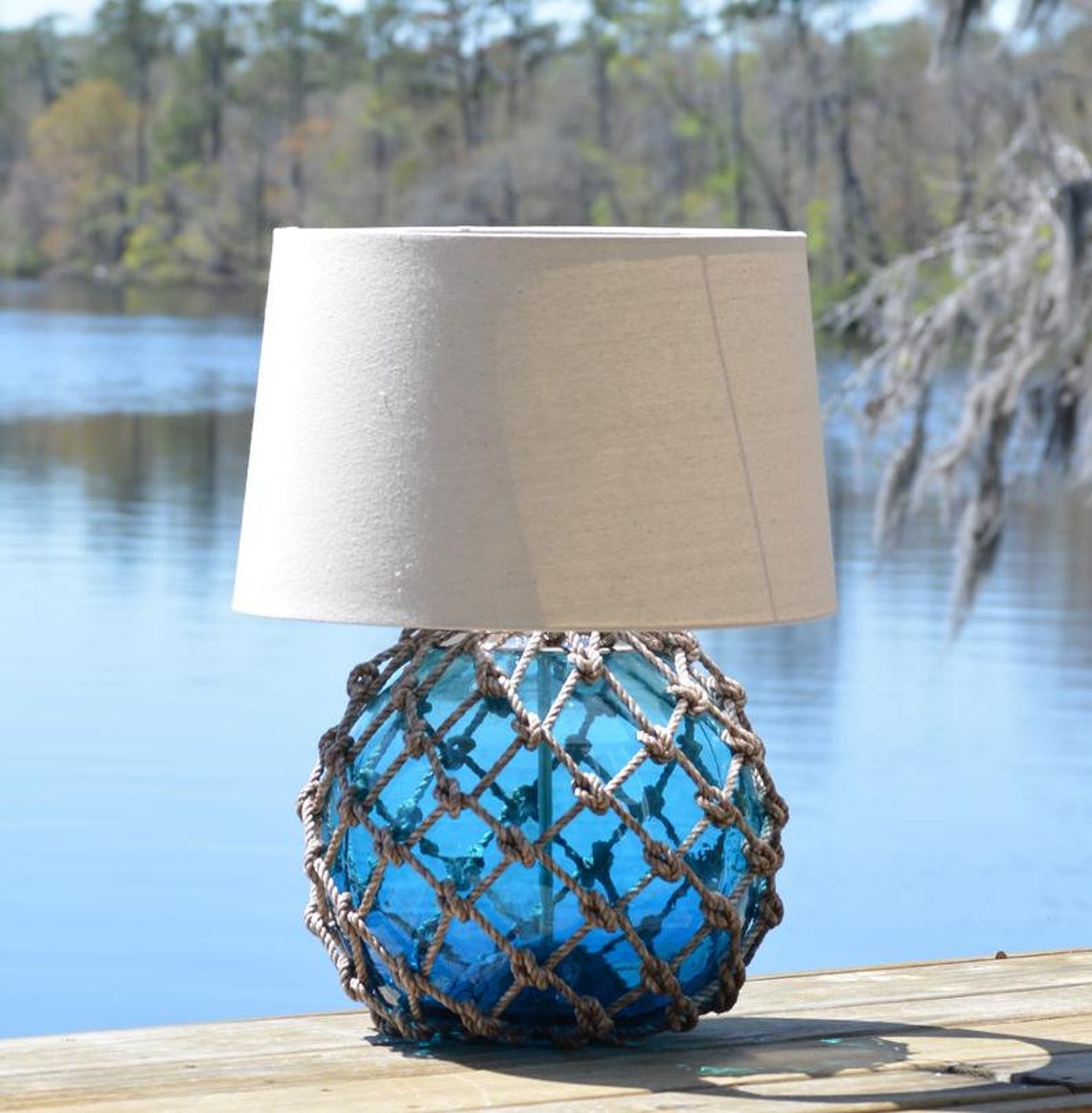 Large Aqua Fishing Float Lamp With Tan Lamp Shade Etsy