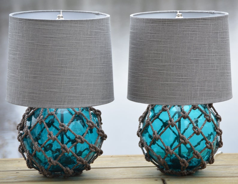Paar Glasfischer Float Lampen mit Leinen Lampenschirmen Bild 4