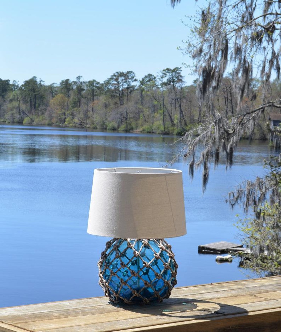 Large Aqua Fishing Float Lamp With Tan Lamp Shade Etsy
