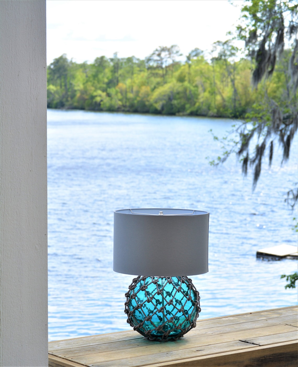 Large Teal Glass Fishing Float Lamp With Gray Linen Lamp Shade Etsy