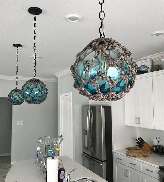 Glass Fishing Float Cluster Pendant Light, 1 Large and 2 Medium Floats 