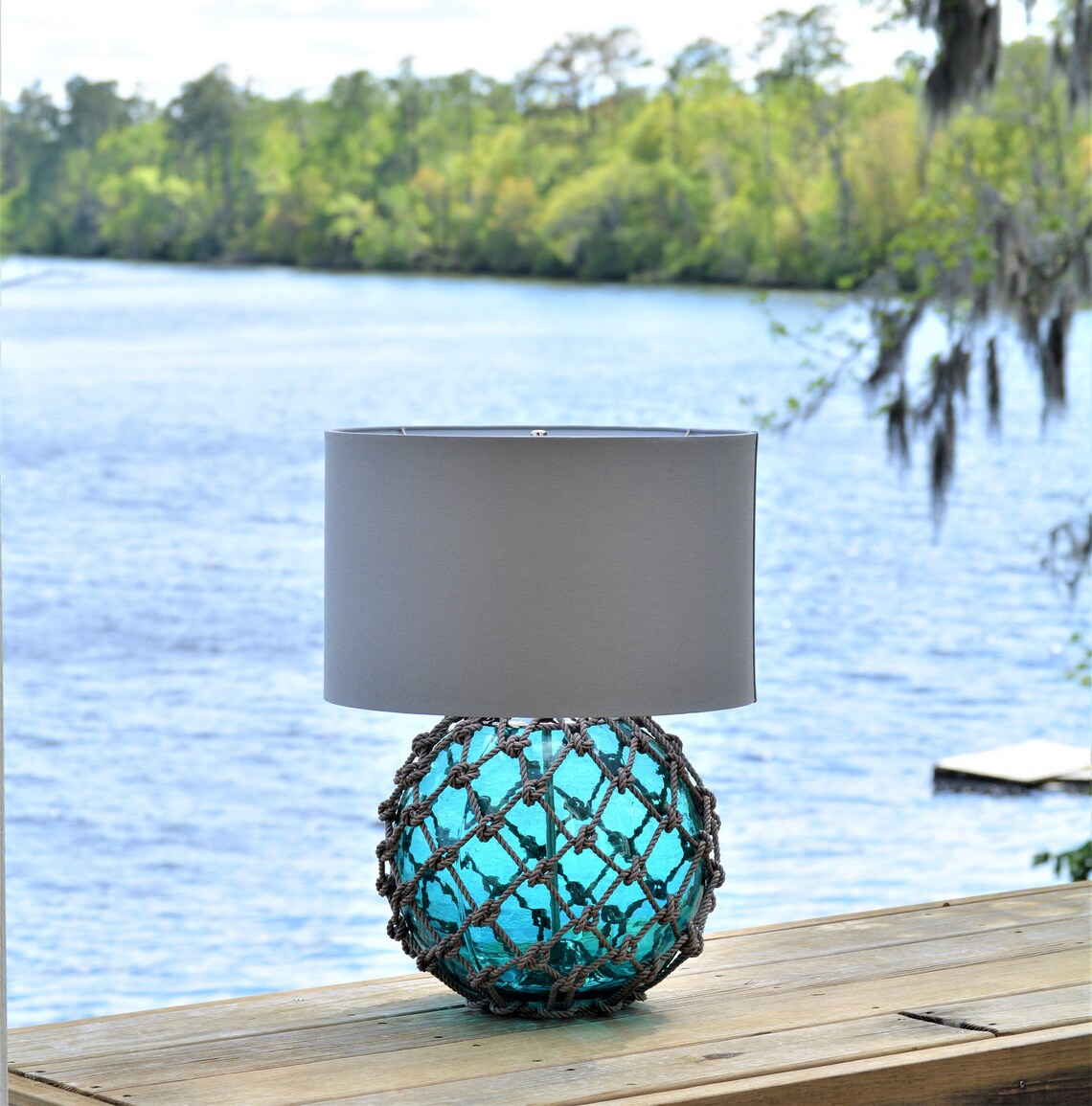 Large Teal Glass Fishing Float Lamp With Gray Linen Lamp Shade Etsy