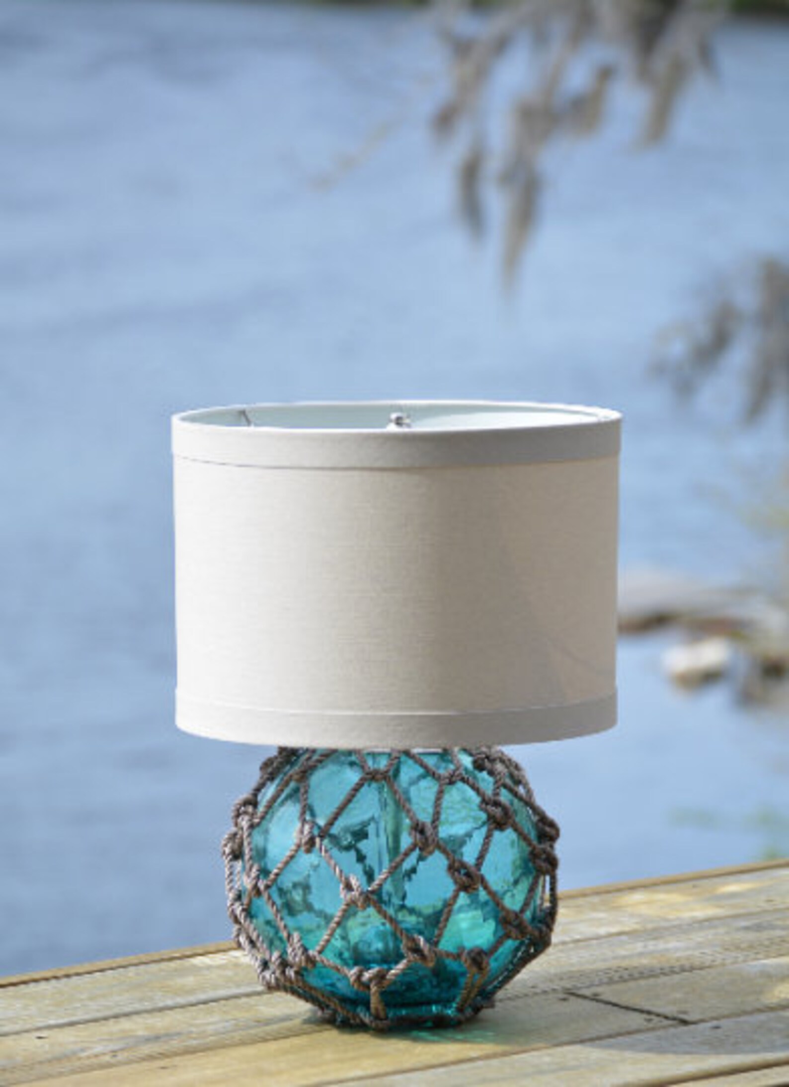 Teal Glass Fishing Float Lamp With Linen Lamp Shade Etsy