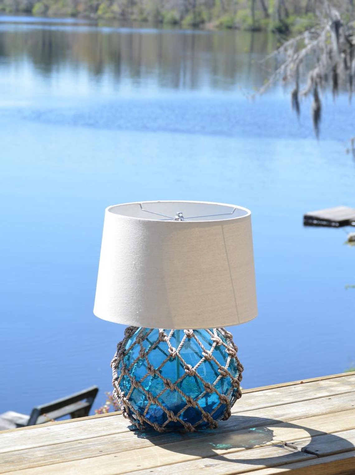 Large Aqua Fishing Float Lamp With Tan Lamp Shade Etsy