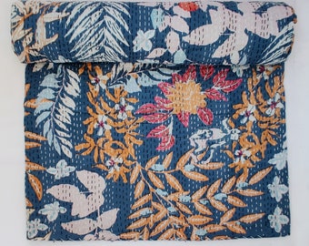 Hand Block Printed Floral Design Kantha Quilt Indian Cotton Kantha Bedspread Handmade Kantha Coverlet King Size Kantha Throw Blanket 172