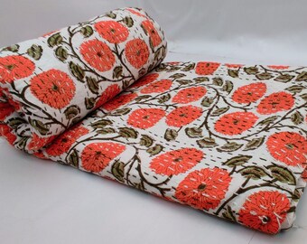 Hand Block Printed Floral Design Kantha Quilt Indian Cotton Kantha Bedspread Handmade Kantha Coverlet King Size Kantha Throw Blanket 172