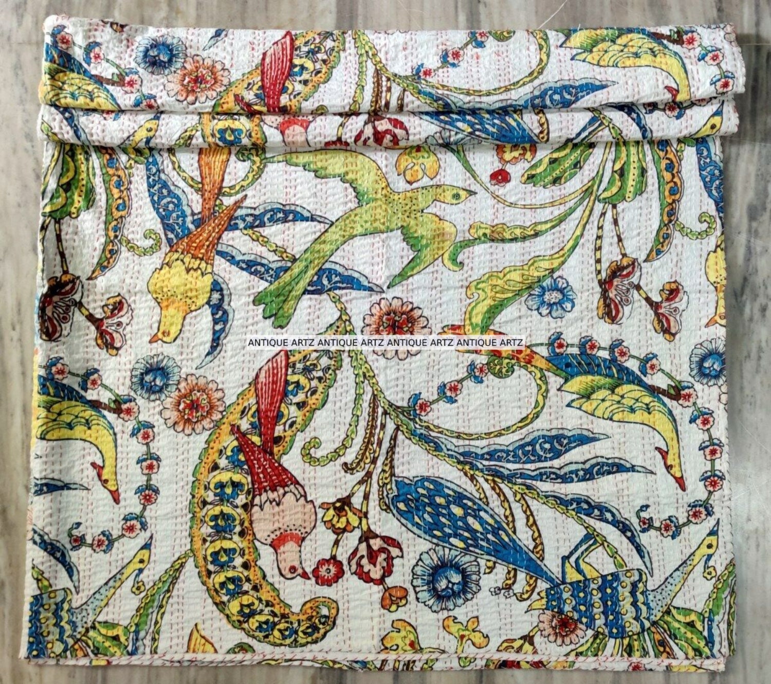 White Bird Print Indian Kantha Handmade Bedspread Queen - Etsy