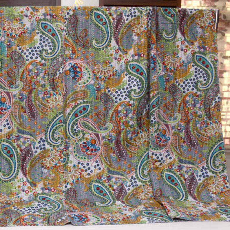 Gray Paisley Indian Kantha Quilt Handmade Bedspread Queen Etsy