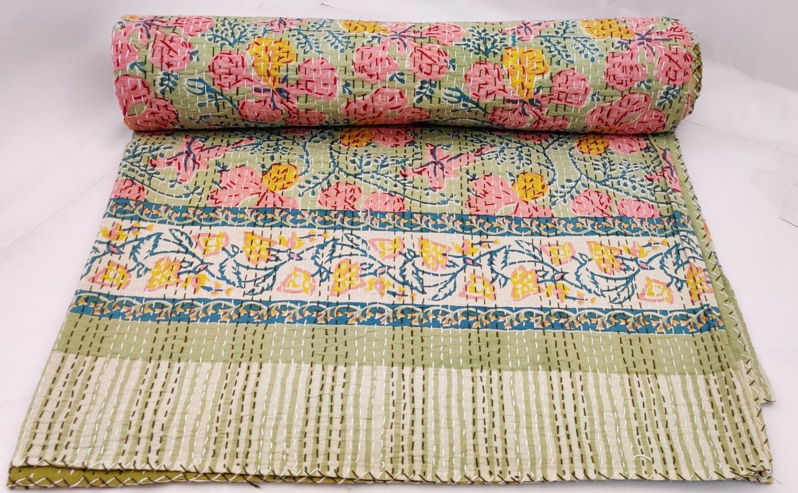 Handmade Green Kantha Quilt Queen Size Kantha Quilt Cotton Etsy