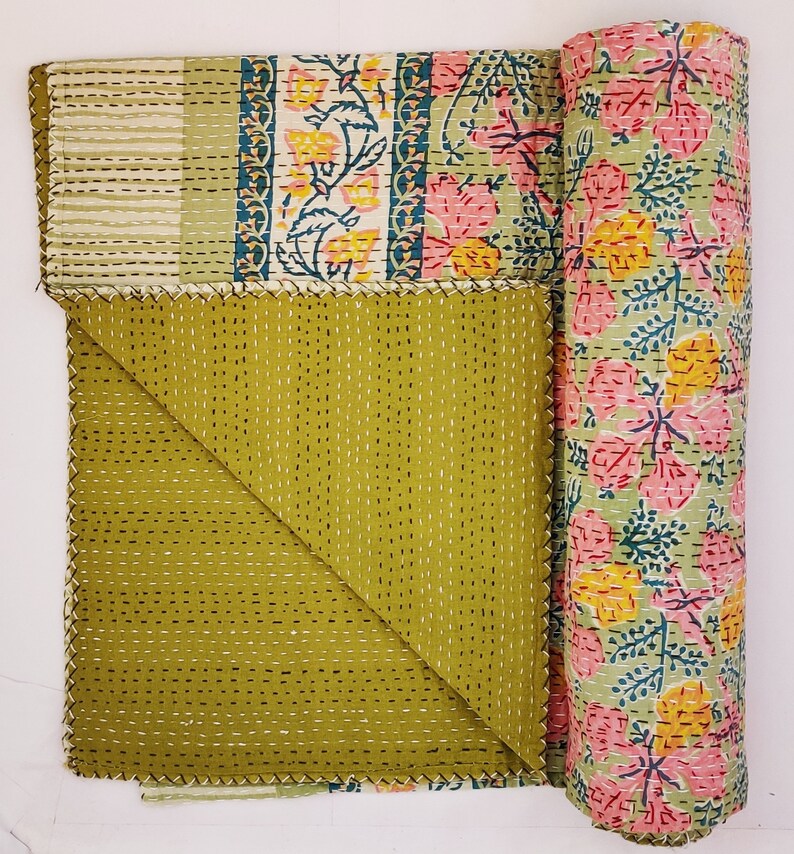 Handmade Green Kantha Quilt Queen Size Kantha Quilt Cotton Etsy