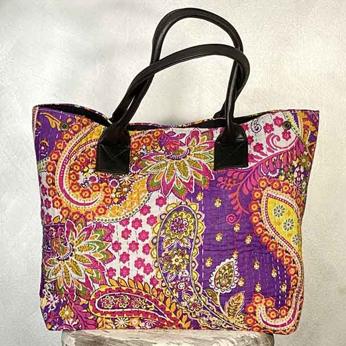 Indian Purple Kantha Tote Paisley Print Cotton Shopping Bag | Etsy