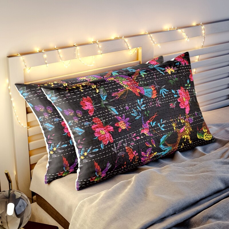 Black - Folk Motif Birds - Kantha Hand Embroidery Handloom Cotton Cushion Cover (16 x 16 in)