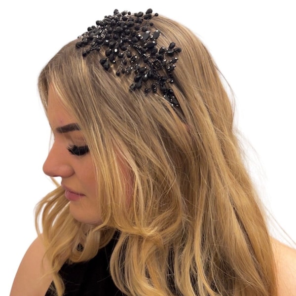 Black crystal Side bridal headpiece, 1950’s inspired side headband, black ballroom headpiece