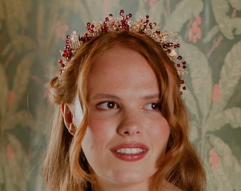 Red and gold bridal and occasion headpiece, red fascinator headband