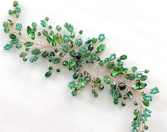 Boho bridal hair vine, Green bridal hair vine, green crystal hair piece