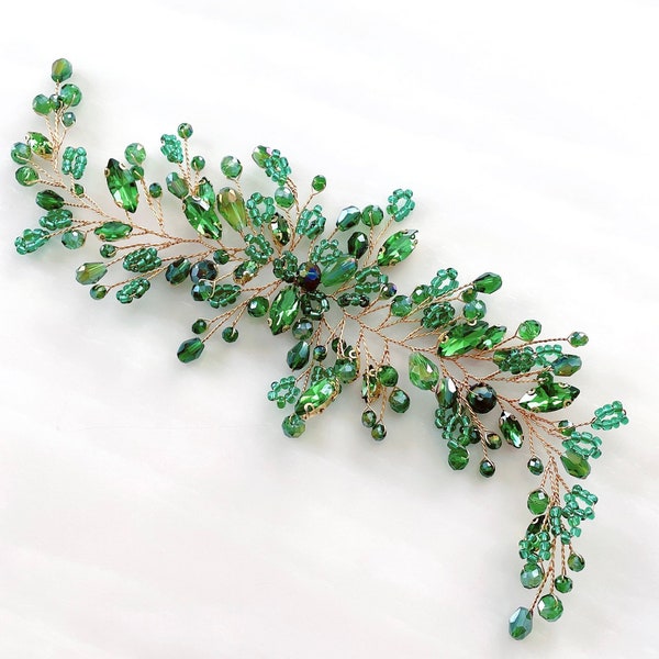 Boho bridal hair vine, Green bridal hair vine, green crystal hair piece