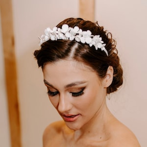 White bridal porcelain flower headpiece piece, white bridesmaid and flower girl headband