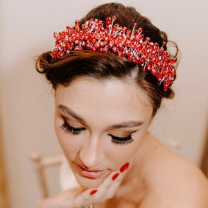 Red crystal headpiece, red bridal headband image 1