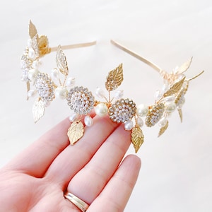 Delicate gold leaf bridal headband, pearl and crystal bridal headpiece